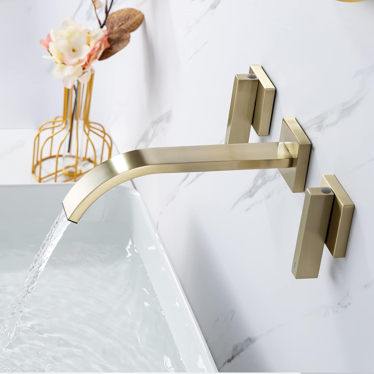 Brass Wall Faucet Brushed Gold Wall Mounted Bathroom Faucet, Wall Mount Bathroom Sink Faucet, Dual Lever Handle, Rough-in Valve Included, Pt001-BG