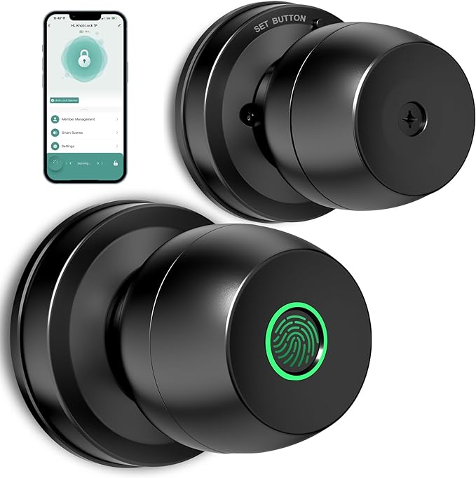 Smart Door Knob, Fingerprint Door Lock Smart Lock Biometric Door Lock Fingerprint Door knob with App Control Suitable for Bedroom,Cloakroom,Apartments Offices,Hotels(Black)