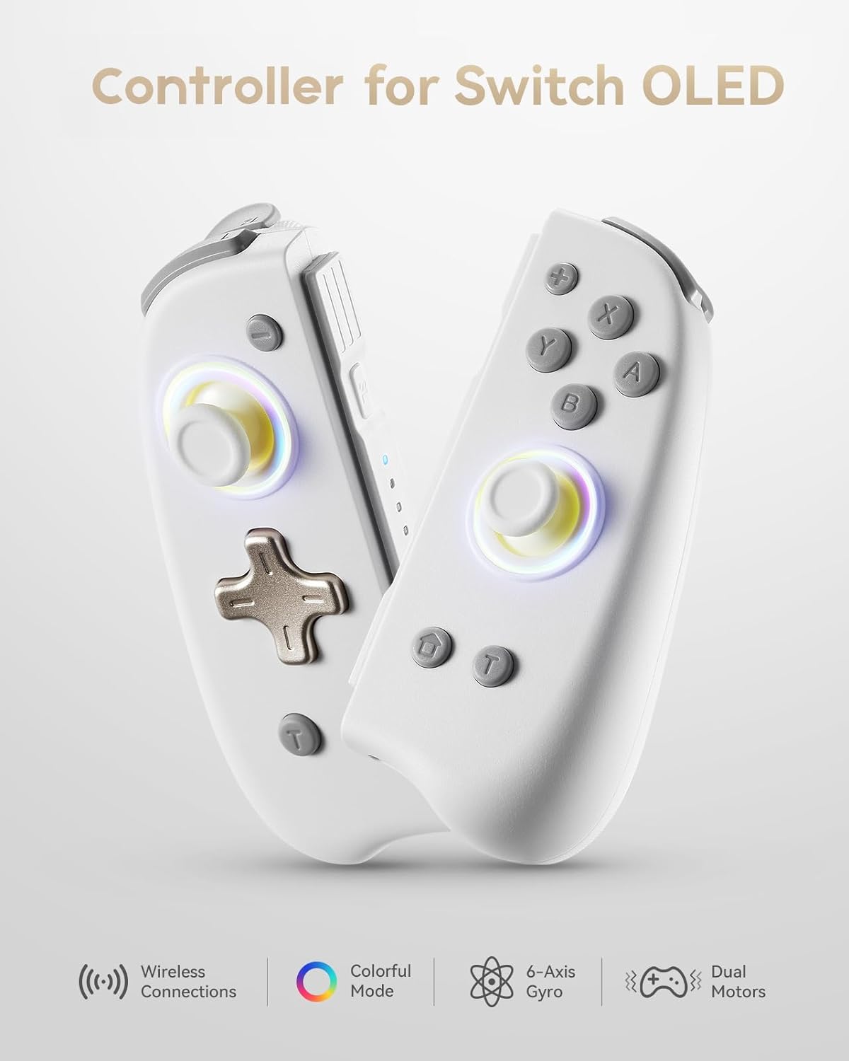 Switch Controller for Switch/Switch OLED, Wireless Switch Controllers(L/R) with 8 LED Colors, Joy Pad Replacement for Switch Lite, Switch Joypad with Motion Control (White & Gold)