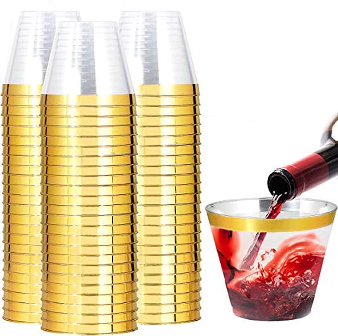 I00000 200 Pack Gold Plastic Cups, 9 Oz Elegant Clear Plastic Cups Gold Rimmed Disposable Wine Glasses Fancy Disposable Party Cups Wedding Cups Drinking Tumblers Plastic Cocktail Glasses with Gold Rim