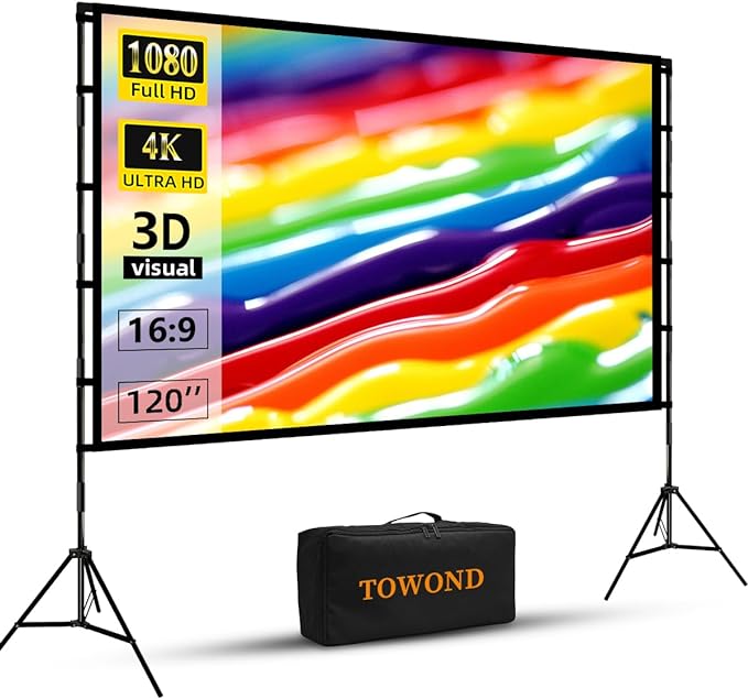 Projector Screen and Stand, Towond 120 inch Portable Projector Screen Indoor Outdoor Projector Screen 16:9 4K HD Wrinkle-Free Lightweight Movie Screen with Carry Bag for Backyard Movie Night