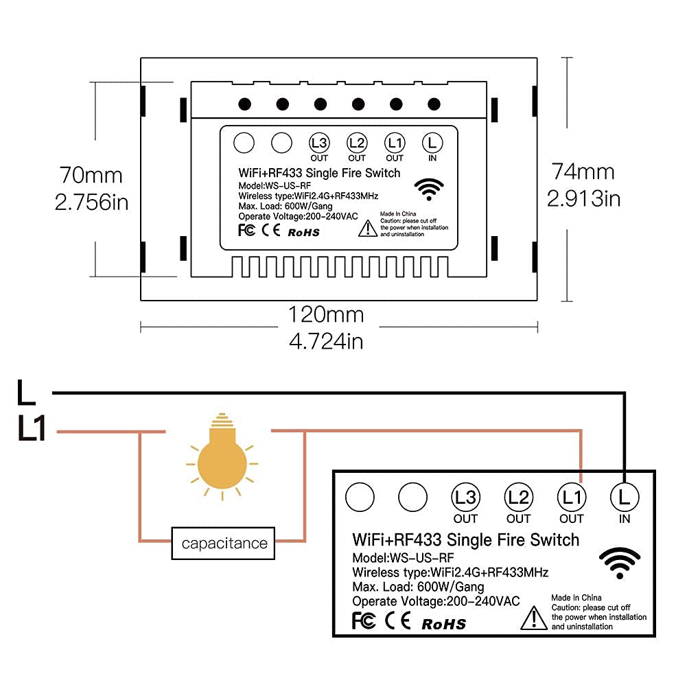 MOES 2nd Generation WiFi RF433 Touch Wall Single Wire Smart Switch，No Neutral Wire Needed Compatible with Smart Life/Tuya App, Compatible with Alexa and Google Home Single Pole 110V Black 2 Gang