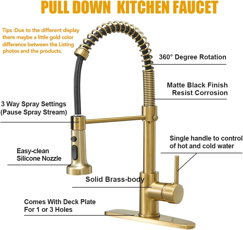 BESy Commercial Kitchen Faucet with Pull Down Sprayer, High-Arc Single Handle Single Lever Spring Rv Kitchen Sink Faucet with Pull Out Sprayer, 3 Function Laundry Faucet, Brushed Gold