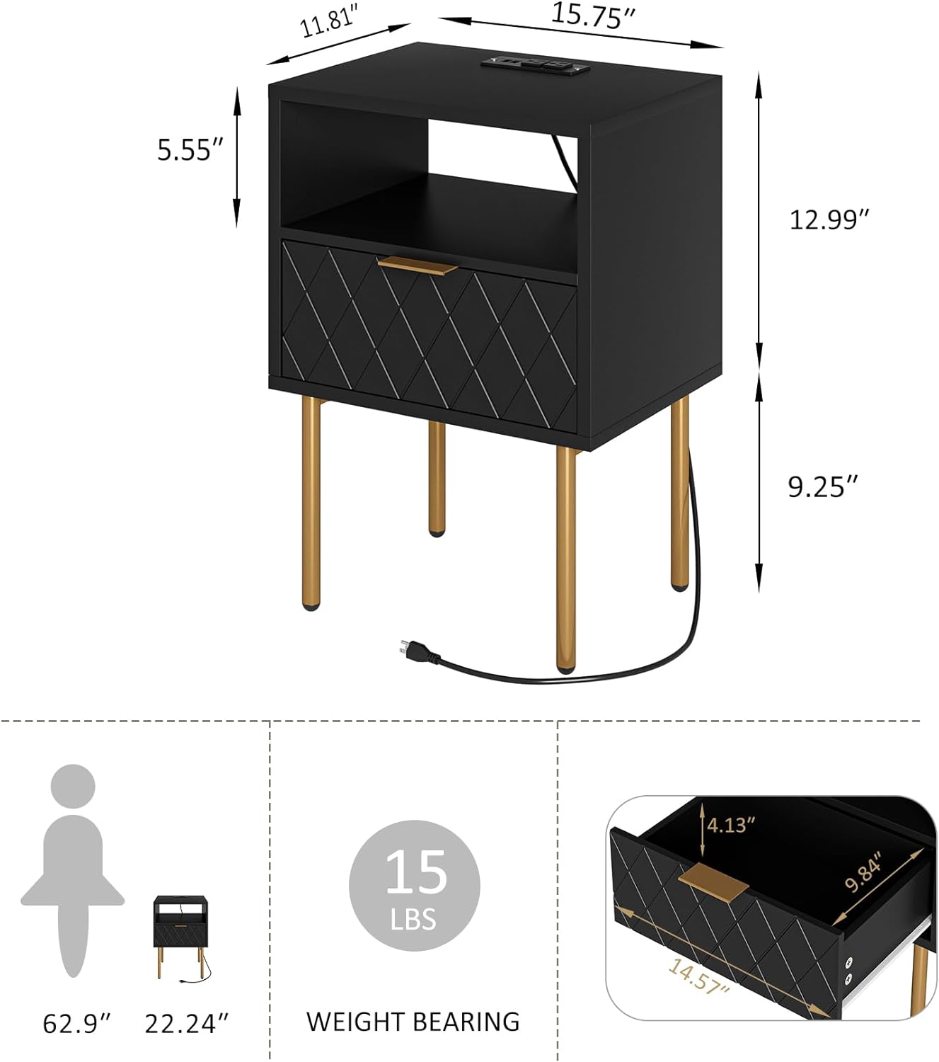 AEPOALUA Nightstand with Charging Station,Small Bedside Table with Two Drawers,Black Night Stand,End Table with Gold Frame,Bedside Furniture, Side Table for Bedroom,Living Room,Diamond