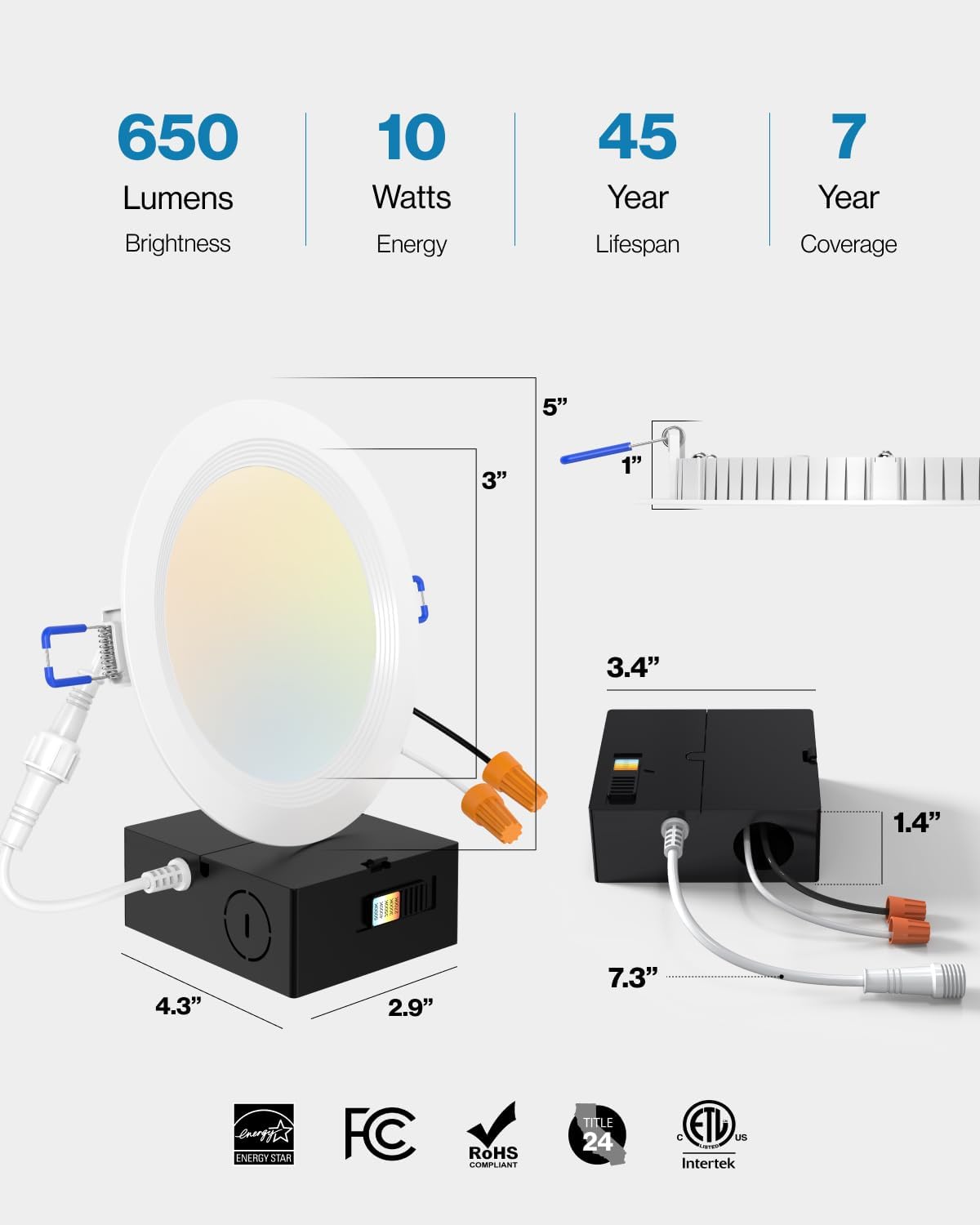 Sunco 24 Pack 4 Inch Ultra Thin LED Recessed Ceiling Lights, Baffle Trim, Selectable CCT 2700K/3000K/4000K/5000K/6000K Dimmable 10W, Wafer Thin, Canless with Junction Box