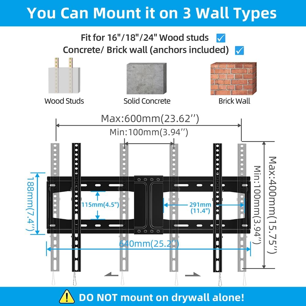 HOME VISION TV Wall Mount Tilt for Most 32-75 inch Flat Curved TV, Low Profile Tilting Wall Mount TV Bracket Fits 16”-18”-24” Wood Stud, Max VESA 600X400mm, Up to 165lbs, Quick Release