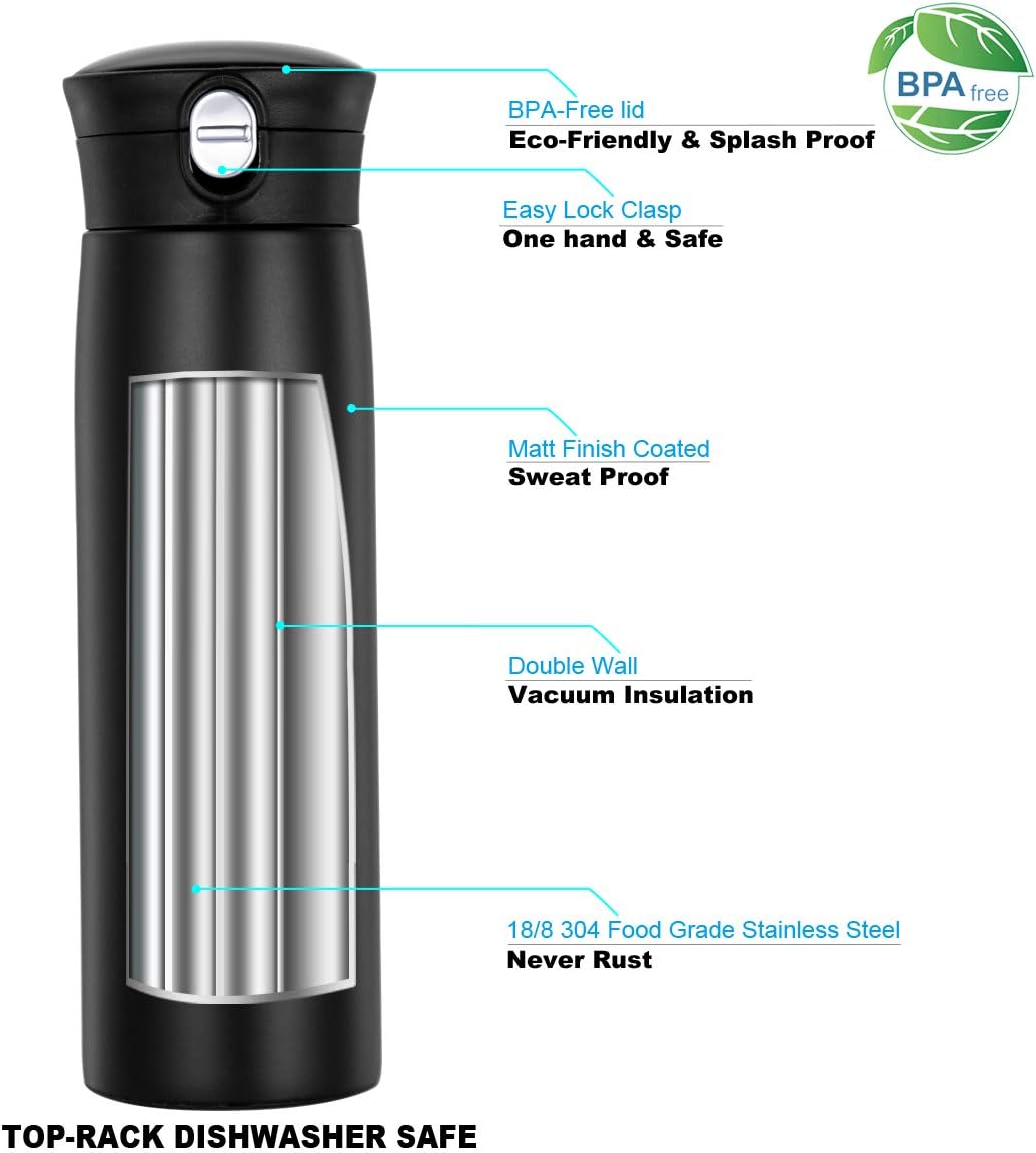 Diller Thermal Water Bottle, Coffee Travel Mug 16 or 8 oz Kids Mini Water Bottle Tumbler with Spout Lid, Leak Proof Flask for Kids and Women Keep 12H Piping Hot & 24H Cold (Black, 8 oz)