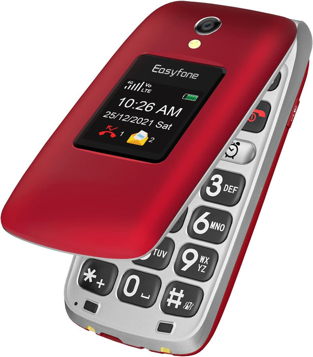 Easyfone Prime-A1 Pro 4G Unlocked Flip Mobile Phone for Seniors, 2.4'' HD Display, Big Buttons, Clear Sound, SOS Button, 1500mAh Battery with a Charging Dock, FCC IC Certified (Red)