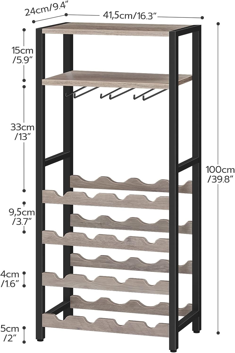 HOOBRO Freestanding Wine Rack, 16-Bottle Wine Storage Rack with Tabletop and Glass Holder, 6-Tier Bar Rack, for Kitchen, Bar, Dining Room, Greige and Black BG04JJ01