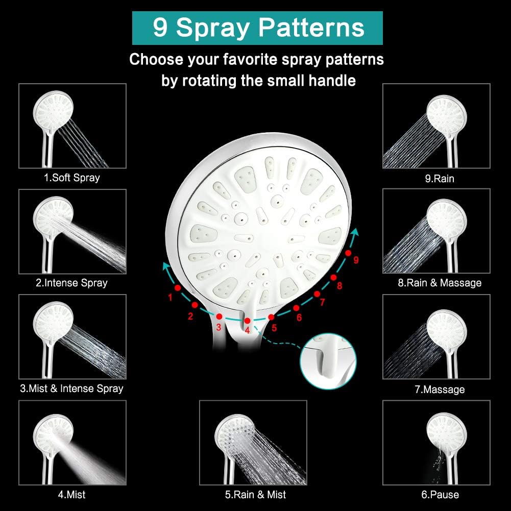 Shower Head, 8 Inch High Pressure Rainfall Shower Head/Handheld Shower Combo with 11 Inch Extension Arm, 9 Settings Adjustable Anti-Leak Shower Head with Holder/Hose, Height/Angle Adjustable