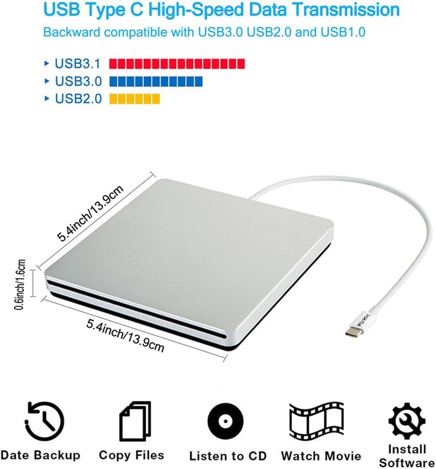 VikTck USB-C Superdrive External DVD/CD Reader and DVD/CD Burner for Apple-MacBook Air/Pro/iMac/Mini/MacBook Pro/ASUS/ASUS/DELL Latitude with USB-C Port Plug and Play(Silver)