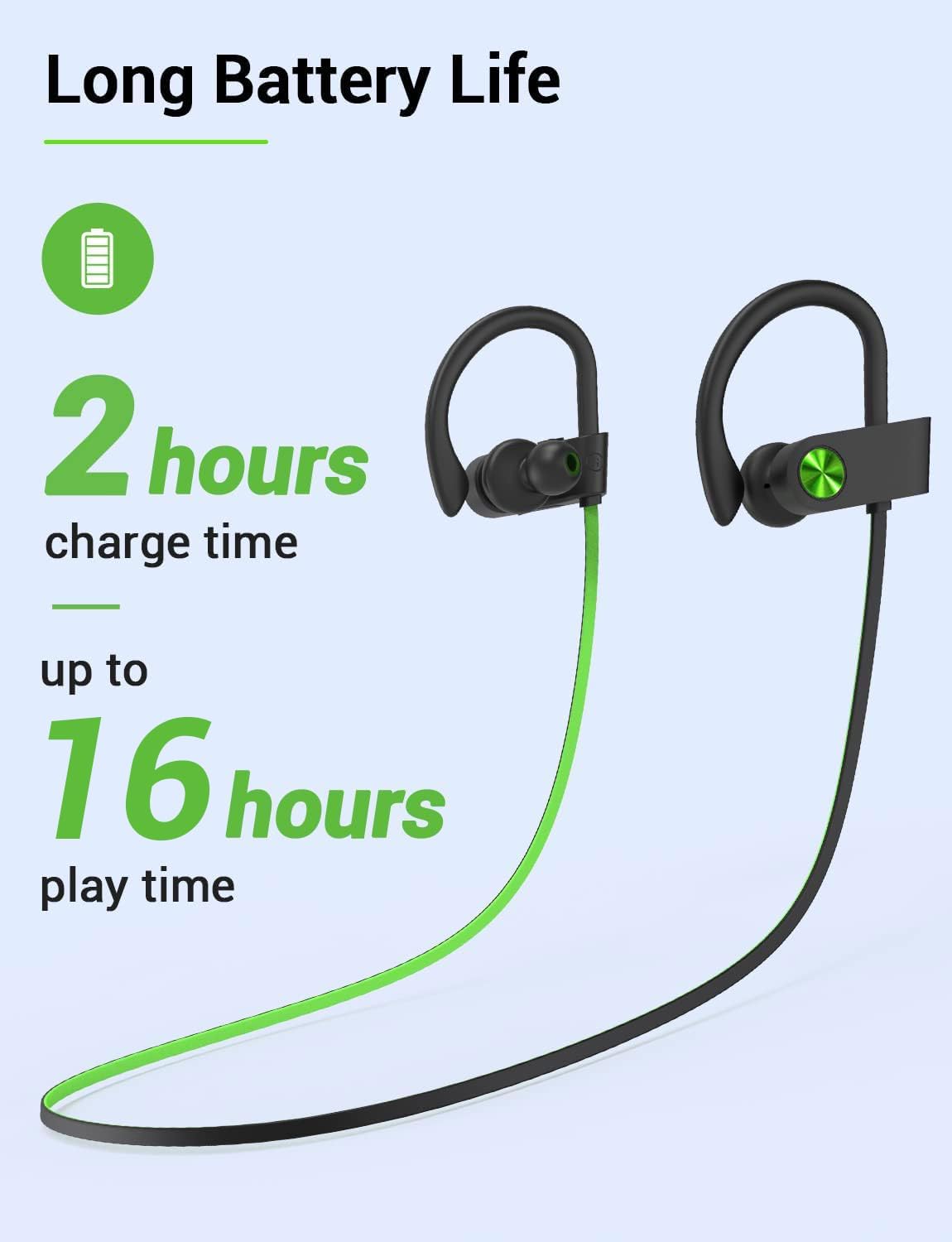 Stiive Bluetooth Headphones, 5.3 Wireless Sports Earbuds IPX7 Waterproof with Mic, Stereo Sweatproof in-Ear Earphones, Noise Cancelling Headsets for Gym Running Workout, 16 Hours Playtime - GreenBlack