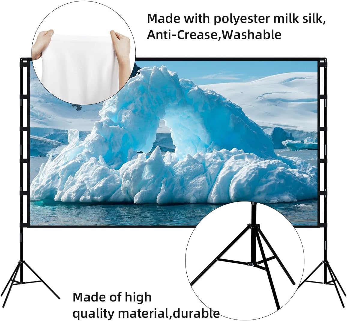 Projector Screen and Stand, Towond 120 inch Portable Projector Screen Indoor Outdoor Projector Screen 16:9 4K HD Wrinkle-Free Lightweight Movie Screen with Carry Bag for Backyard Movie Night