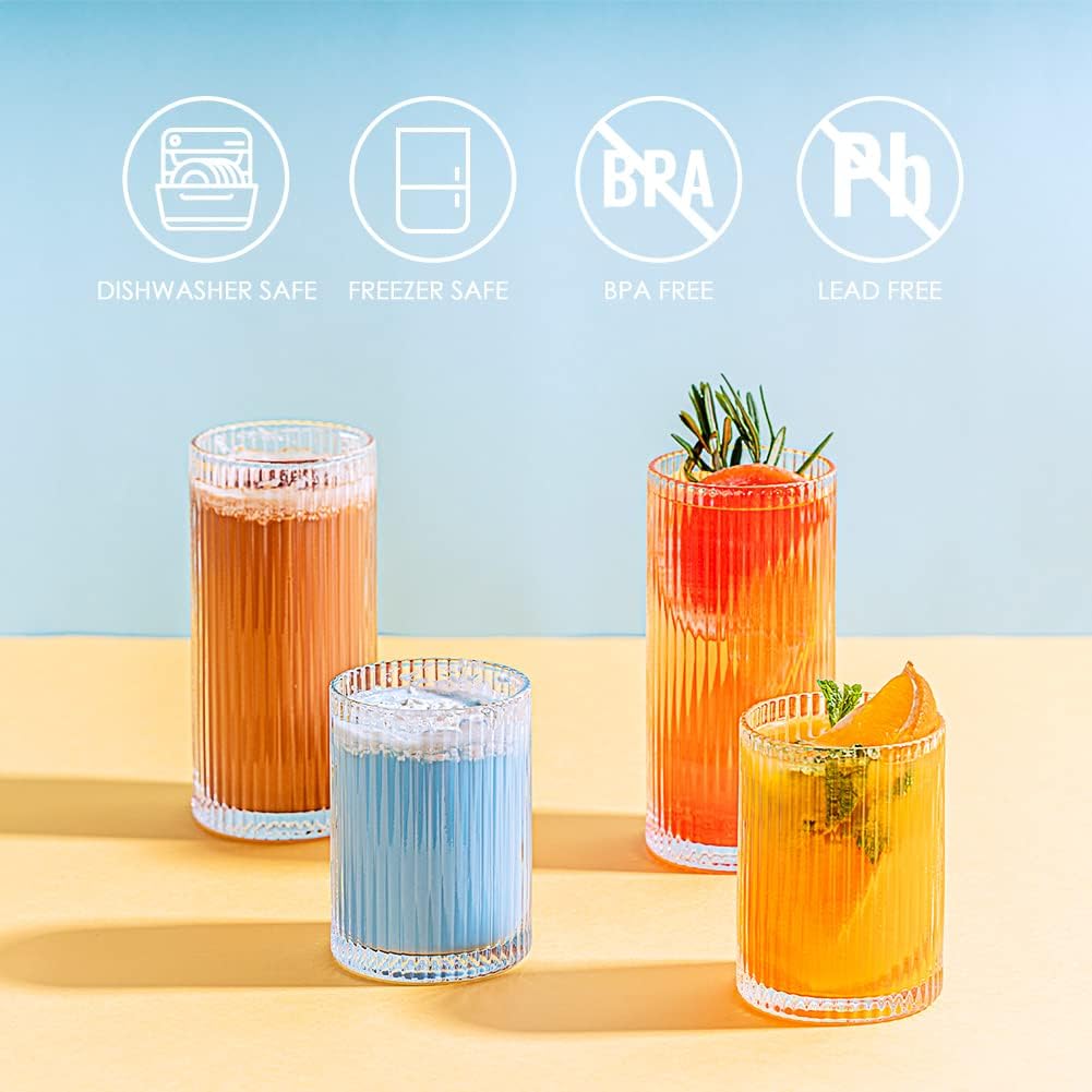 Combler Glass Cups with Straws, Drinking Glasses 12.5oz, Ribbed Glassware Set of 4, Iced Coffee Cup Coffee Bar Accessories Essentials, Glassware Sets for Beer Smoothie Whiskey Cocktail Glasses, Gifts