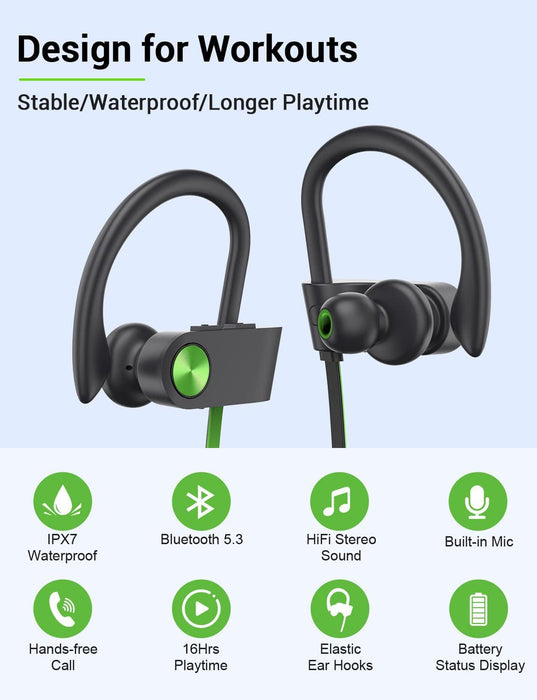 Stiive Bluetooth Headphones, 5.3 Wireless Sports Earbuds IPX7 Waterproof with Mic, Stereo Sweatproof in-Ear Earphones, Noise Cancelling Headsets for Gym Running Workout, 16 Hours Playtime - GreenBlack