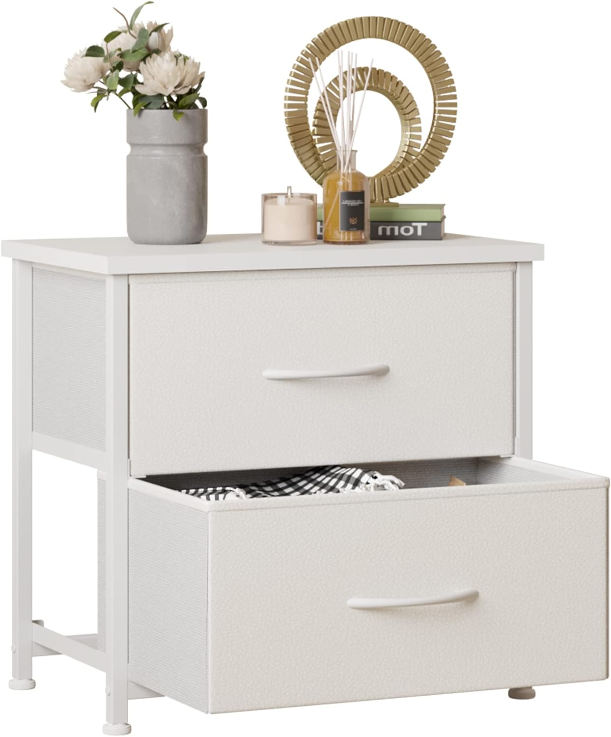 LUMTOK White Nightstand with Drawer, 2 Drawers Dresser for Bedroom, Small Night Stand and Dressers Sets with 2 Fabric Drawers, End Table with Drawer for Living Room (1PCS)