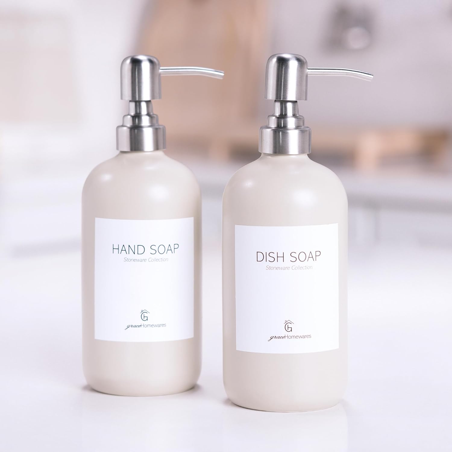 GraceHomewares Stoneware Ceramic Dish Soap Dispenser for Kitchen Sink | Kitchen Soap Dispenser Set | Soap Holder Bathroom Hand Soap Dispenser | Waterproof Labels | 2 Pack | Warm Grey w/Silver Pump