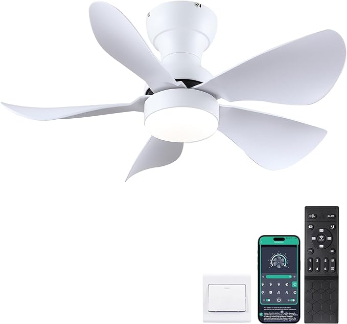 Kviflon Ceiling Fans with Lights and Remote/APP Control, 30 inch Low Profile Ceiling Fans with 5 Reversible Blades 3 Colors Dimmable 6 Speeds Ceiling Fan for Bedroom Kitchen Dining Room, White