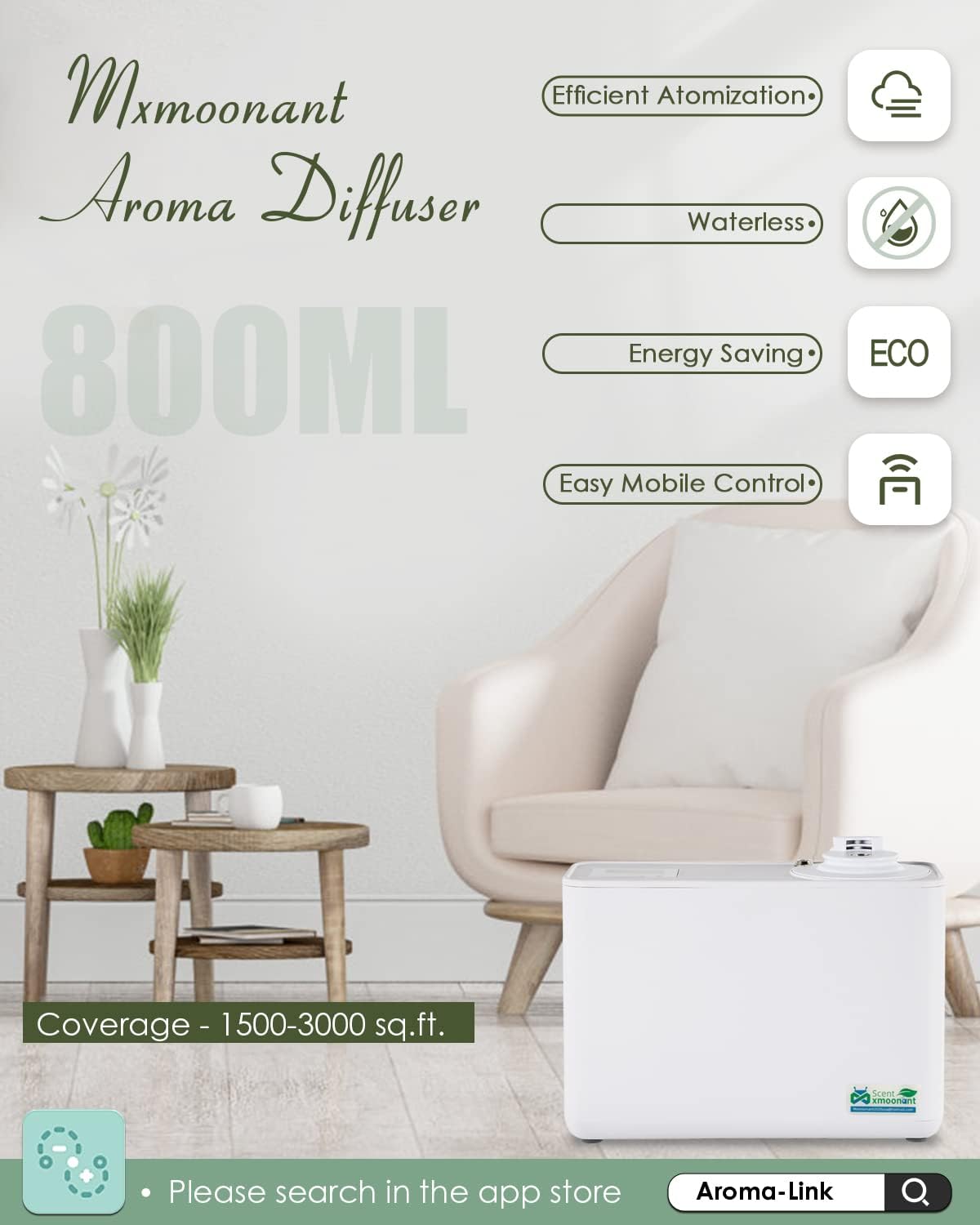 ROHS Scent Air Machine for Home 800ml HVAC/Stand Alone Scent Diffuser 1500-3000sq.ft. App Control Cold Air Nebulizing Machine Waterless for Large Room Office