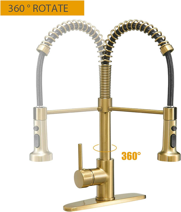BESy Commercial Kitchen Faucet with Pull Down Sprayer, High-Arc Single Handle Single Lever Spring Rv Kitchen Sink Faucet with Pull Out Sprayer, 3 Function Laundry Faucet, Brushed Gold