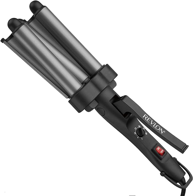 Revlon RV084F Hair Waver 3 Barrel, Tourmaline Ceramic Coating, 30 Heat settings, All Hair Types, Jumbo Size, Shiny Waves, Grey