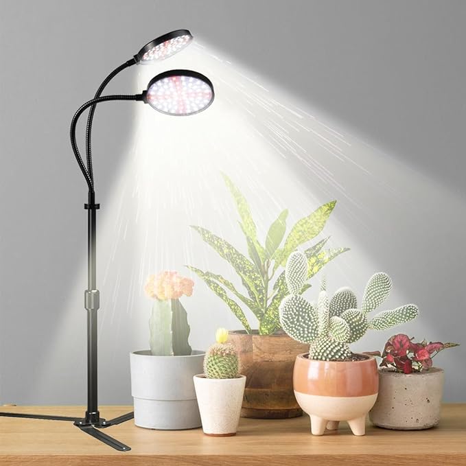 WeeLeeGoo Grow Light with Base, Two Heads 6000K Full Spectrum Plant Light for Indoor Plants, 4.7In Circle Growing Lamp with 4/8/12/18H Timer, Brightness Changeable & Height Extendable 9-16In