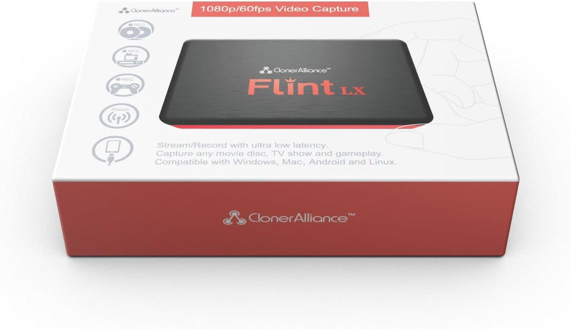 ClonerAlliance Flint LX, 1080p 60fps USB 3.0 HDMI Video Capture Device with HDMI Out Port. Record Any HDMI Video and Game. Ultra Low Latency. Support Android, Windows, Mac and Linux.