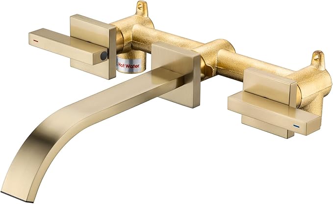 Brass Wall Faucet Brushed Gold Wall Mounted Bathroom Faucet, Wall Mount Bathroom Sink Faucet, Dual Lever Handle, Rough-in Valve Included, Pt001-BG