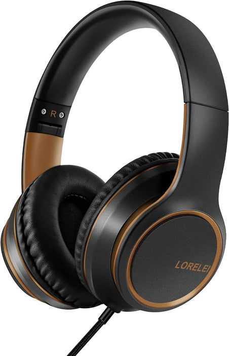 LORELEI X8 Over-Ear Wired Headphones with Microphone with 1.45m-Tangle-Free Nylon Line&3.5mm Plug,Lightweight Foldable & Portable Headphones for Smartphone,Tablet,Computer,Mp3/4(Black-Gold)…