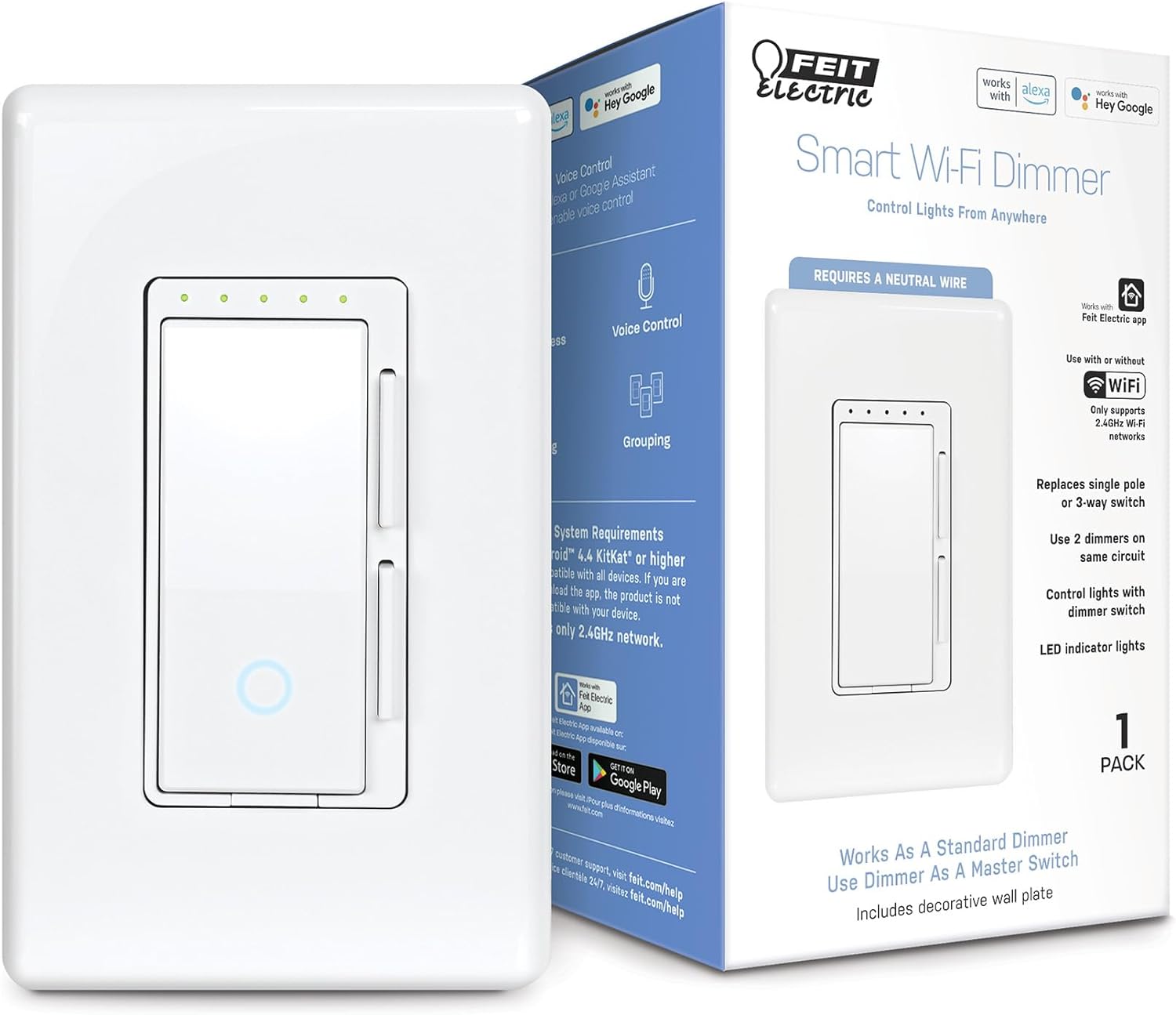 Feit Electric Smart Dimmer Switch, Neutral Wire Required for Installation, Compatible with Amazon Alexa and Google Assistant, Smart Dimmer Light Switch, White, Model:DIM/WiFi