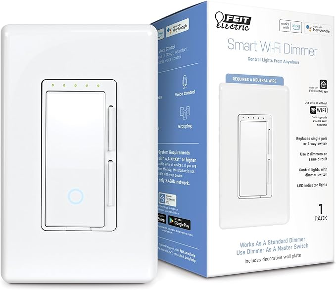 Feit Electric Smart Dimmer Switch, Neutral Wire Required for Installation, Compatible with Amazon Alexa and Google Assistant, Smart Dimmer Light Switch, White, Model:DIM/WiFi