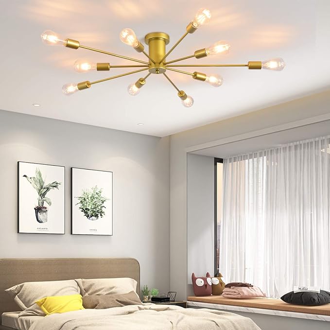 Garwarm 10 Lights Modern Sputnik Ceiling Chandelier Gold Industrial Ceiling Lamp Mid Century Semi Flush Mount Ceiling Light Fixture for Kitchen Dining Room Living Room Bedroom Foyer Lighting