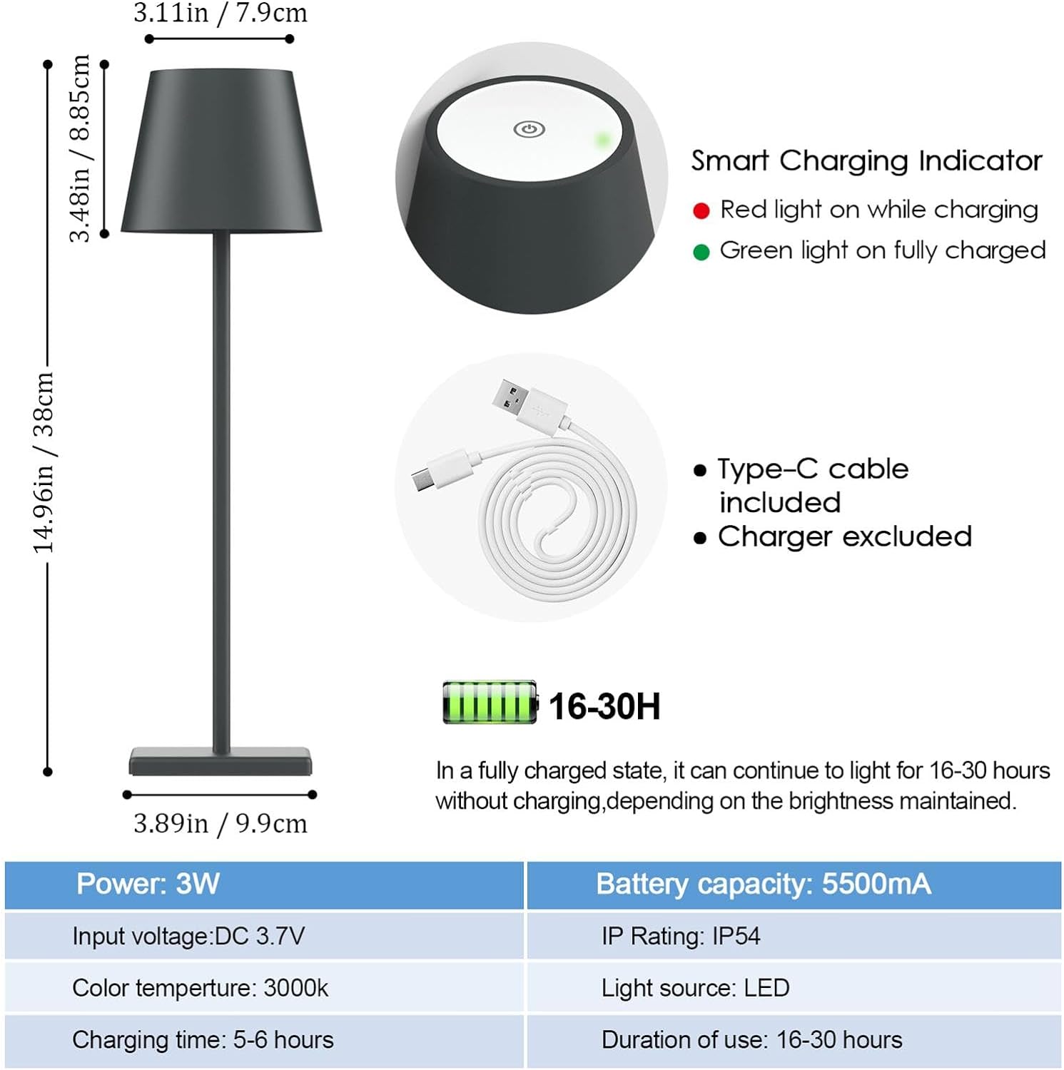 2 Packs LED Cordless Table Lamp, Rechargeable Battery Desk lamp 5200mAh Battery Operated Stepless Dimming Modern Portable Table Light for Restaurant/Table/Bedroom/Outdoor IP54 Waterproof (Anthracite)