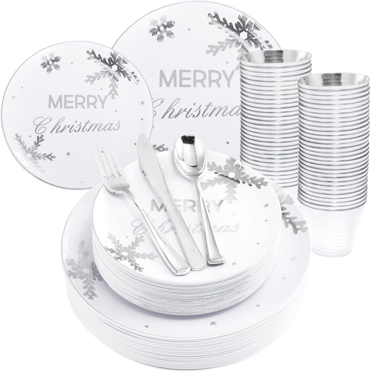 KIRE 25 Guests Silver Plastic Plates with Snowflake pattern & Silver Disposable Plastic Silverware &Clear Silver Cups - Christmas Plastic Plates for Christmas Parties, Picnics, Holiday, Christmas Day