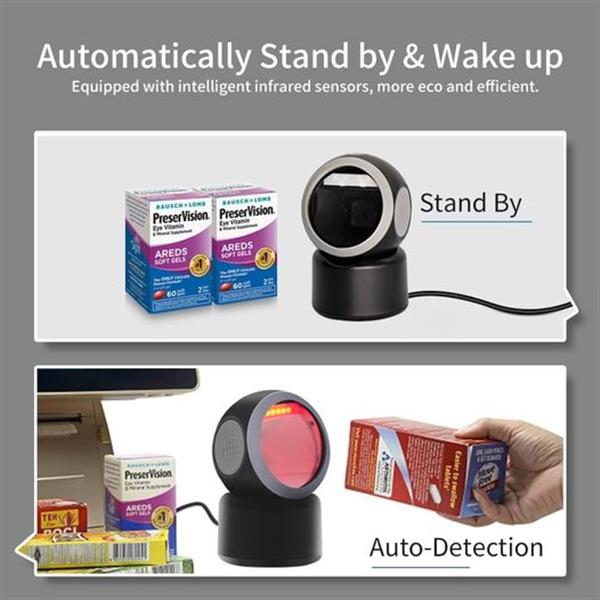 Alacrity 2D 1D QR Desktop Barcode Scanner, Omnidirectional Hands Free USB Wired Barcode Reader,