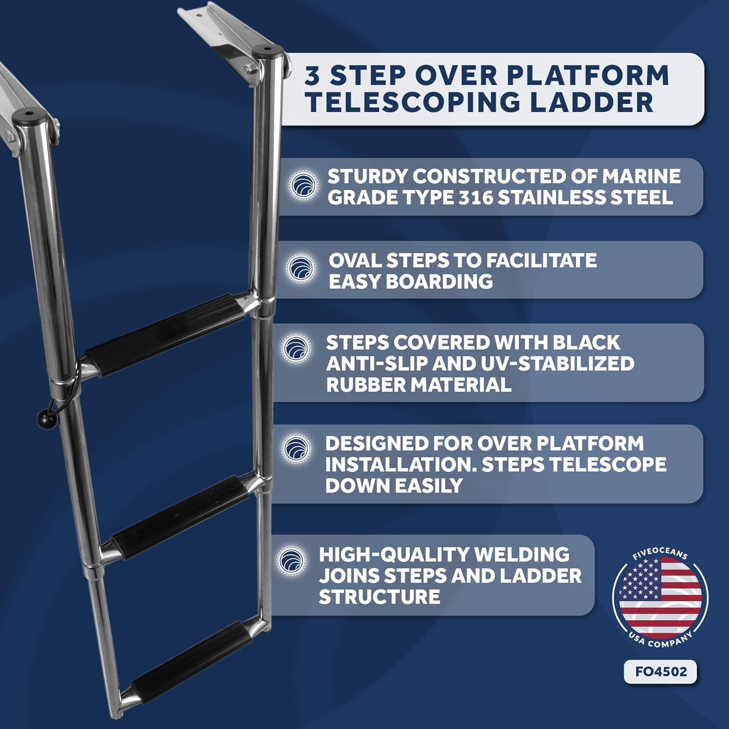 Five Oceans 3 Step Boat Ladder, Over Platform Telescoping Boat Ladders, Boat Swim Ladder, Boat Boarding Ladder, 316 Stainless Steel for Pontoon, Fishing Boat, Bass Boat, Sport Boat, Sailboat - FO4502