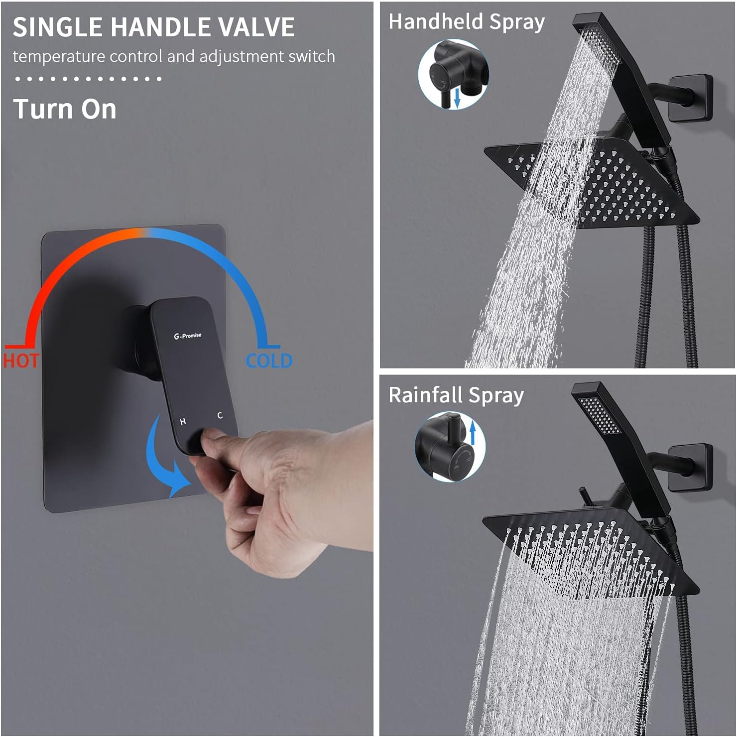 G-Promise All Metal Shower Faucet System, Dual Square Shower Head Set with Handheld Wand & Rainfall Showerhead, Diverter, Hose Complete Combo, Pressure Balance Rough-in Valve Included (Matte Black)