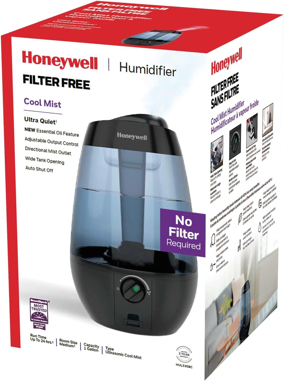 Honeywell HUL535BC Ultrasonic Cool Mist Humidifier, with Variable Output Control, Auto Shut-off, Ultra Quiet Operation, Directional Mist Outlet, Cool Visible Mist, Black, 1-Gallon (COLOR- WHITE)