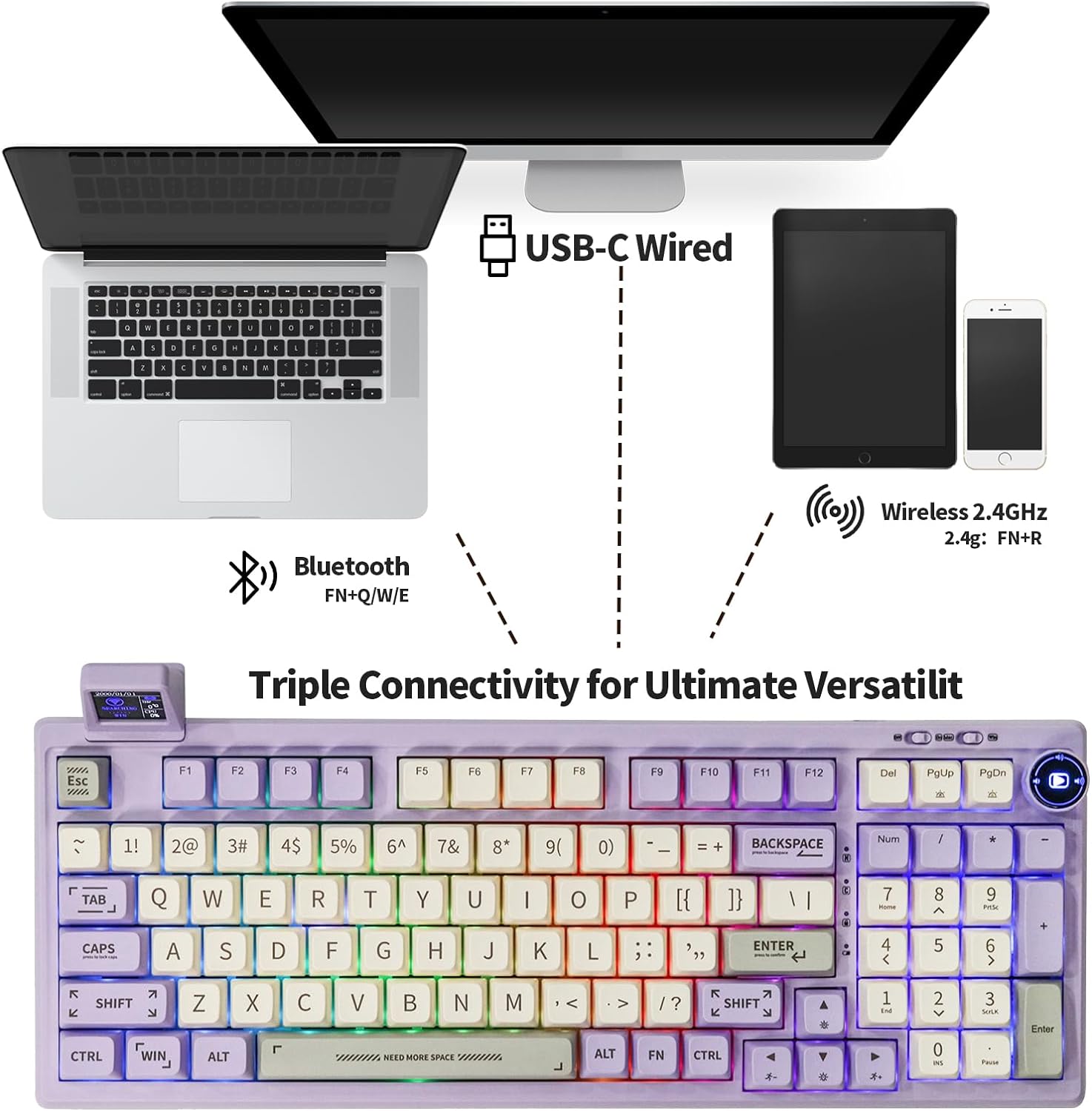 EPOMAKER RT100 97 Keys Gasket BT5.0/2.4G/USB-C Mechanical Keyboard with Customizable Display Screen, Knob, Hot Swappable Socket, 5000mAh Battery for Win/Mac(RT100 Purple, Sea Salt Silent Switch)