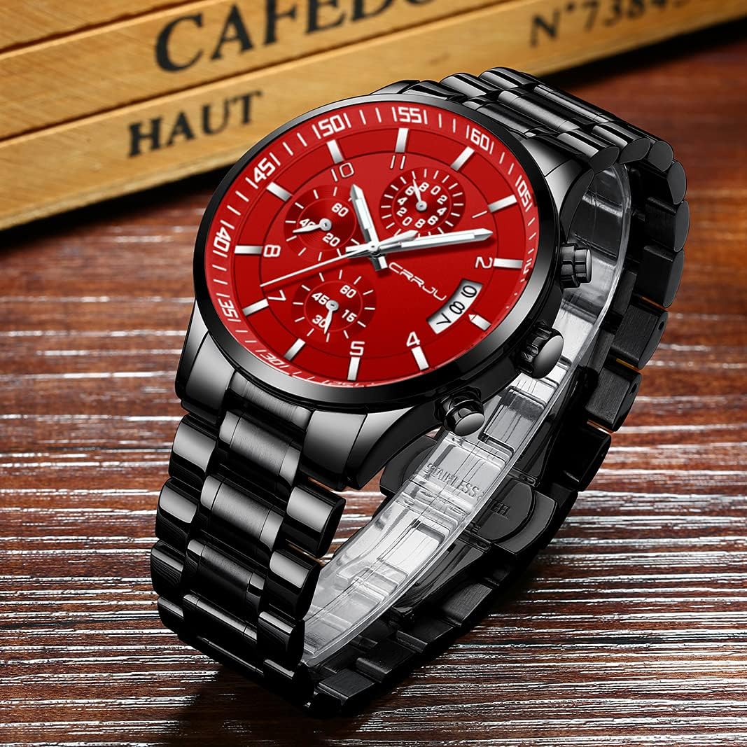 CRRJU Men's Fashion Stainless Steel Watches Date Waterproof Chronograph Wristwatches,Stainsteel Steel Band Waterproof Watch