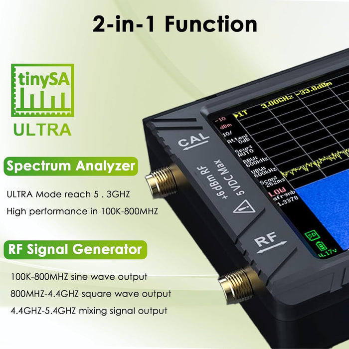 PFCTART Upgraded 4.0 Inch TinySA Ultra Spectrum Analyzer, 100kHz-5.3GHz Handheld Frequency Analyzer with 32GB SD Card, 2 in1 Signal Generator 100kHz to 800MHz MF/HF/VHF UHF Input