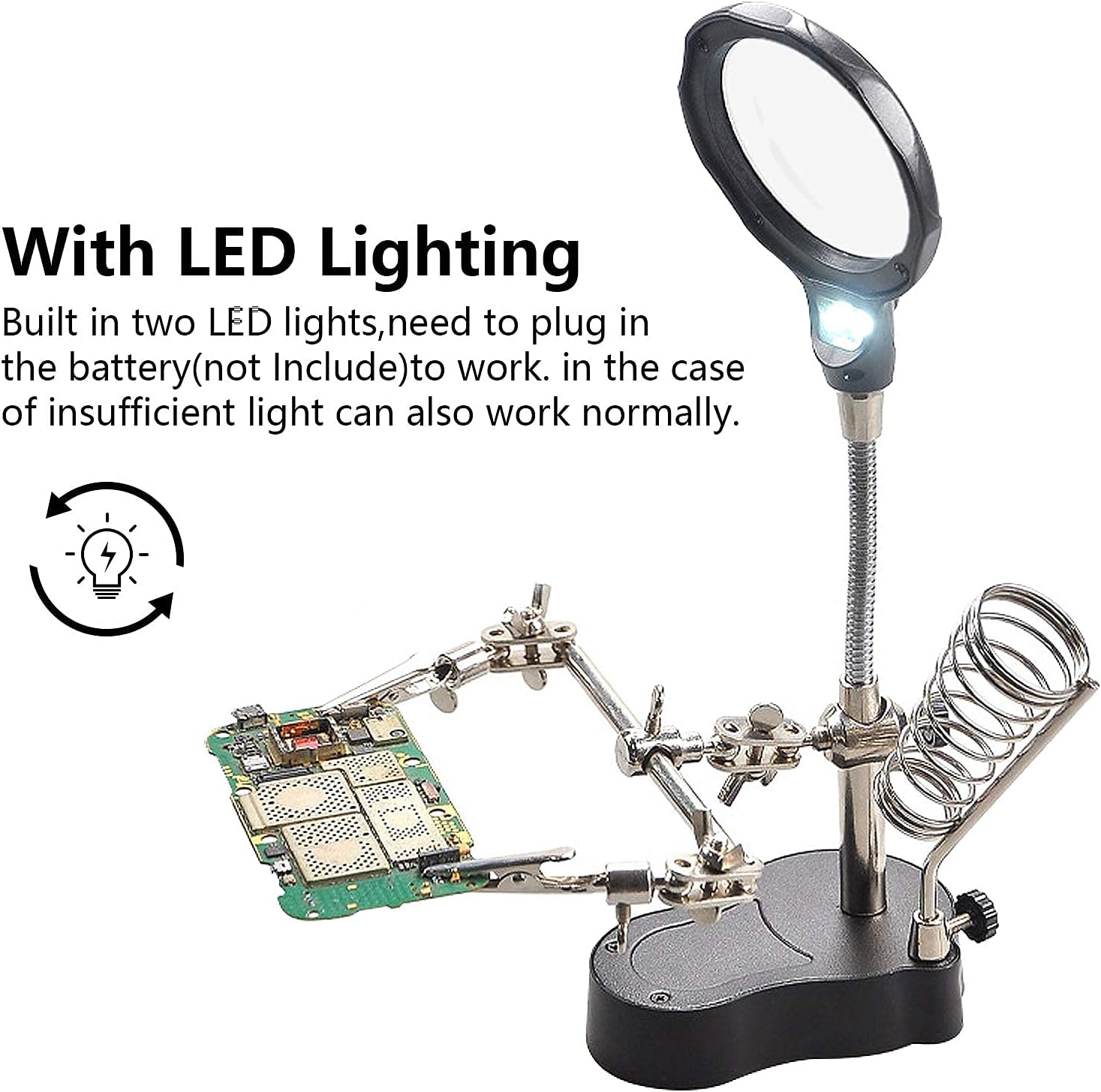 mlogiroa Helping Hands Soldering Station, 3.5X 12X Magnifying Glass LED Lighted Magnifier with Auxiliary Clips Alligator Clamp Repair Tools Kit for Soldering, Assembly, Miniatures