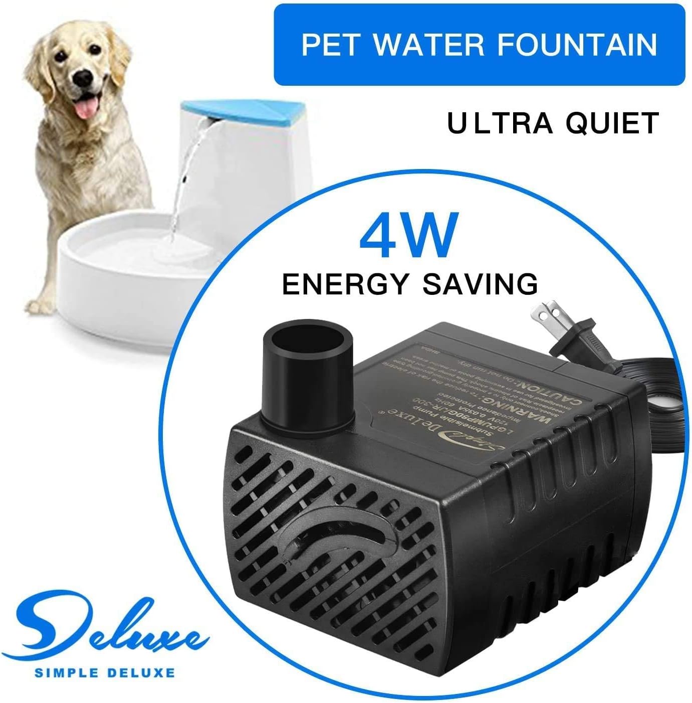 Simple Deluxe 80 GPH Submersible Pump with Adjustable Intake & 6' Waterproof Cord for Hydroponics, Aquaponics, Fountains, Ponds, Statuary, Aquariums & more