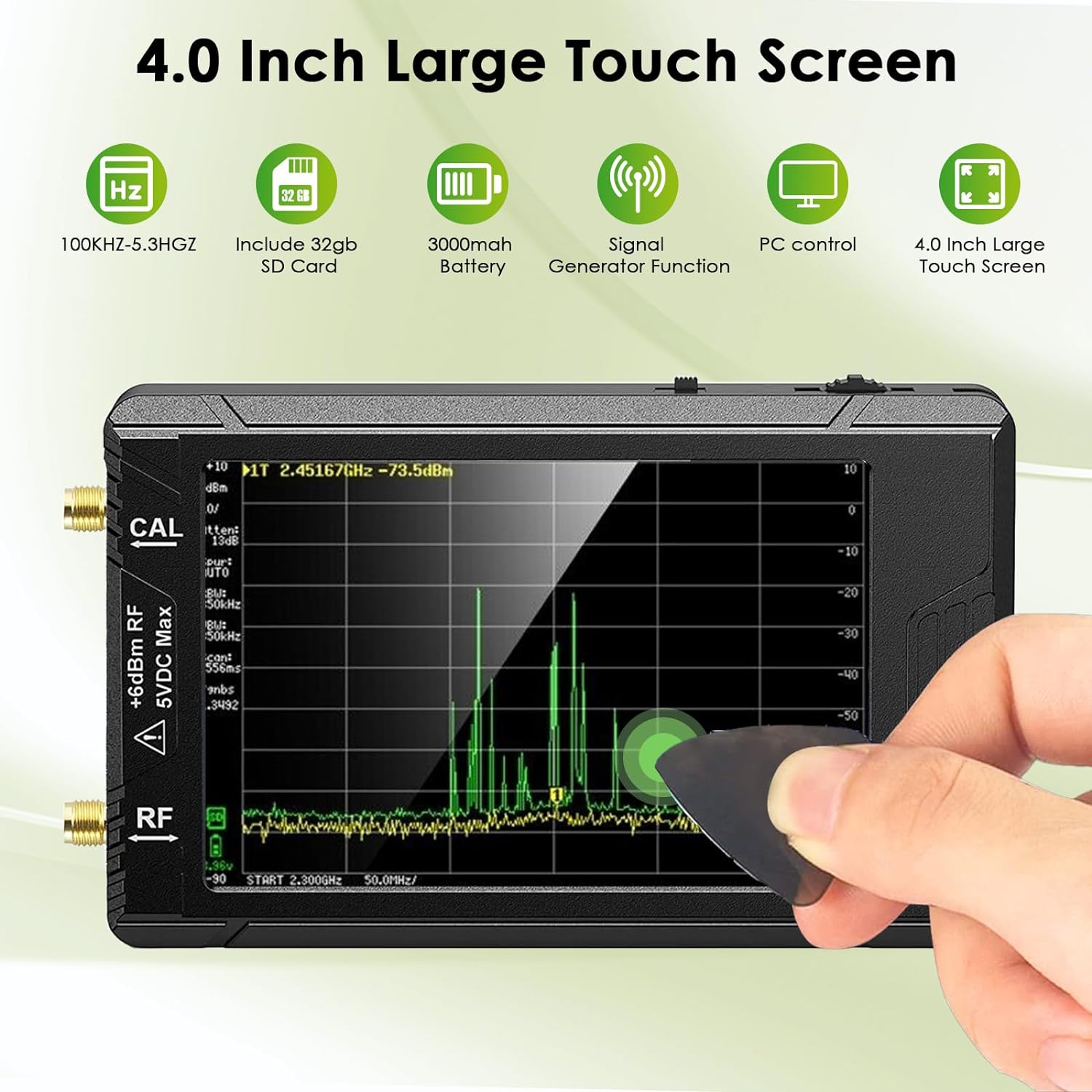 PFCTART Upgraded 4.0 Inch TinySA Ultra Spectrum Analyzer, 100kHz-5.3GHz Handheld Frequency Analyzer with 32GB SD Card, 2 in1 Signal Generator 100kHz to 800MHz MF/HF/VHF UHF Input