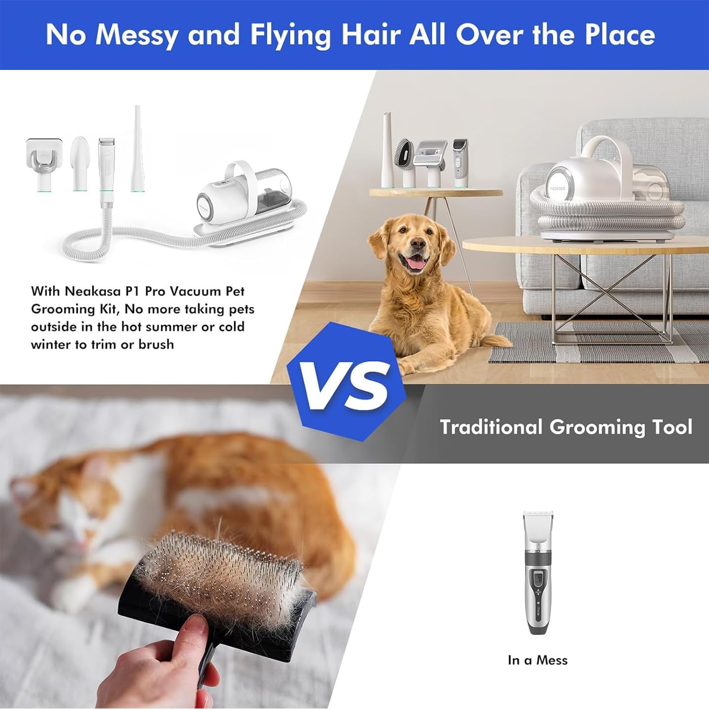 Neakasa P1 Pro Pet Grooming Kit & Vacuum Suction 99% Pet Hair, Dog Grooming Kit with 5 Professional Grooming Shedding Tools for Dogs Cats and Other Animals(FKA Neabot)