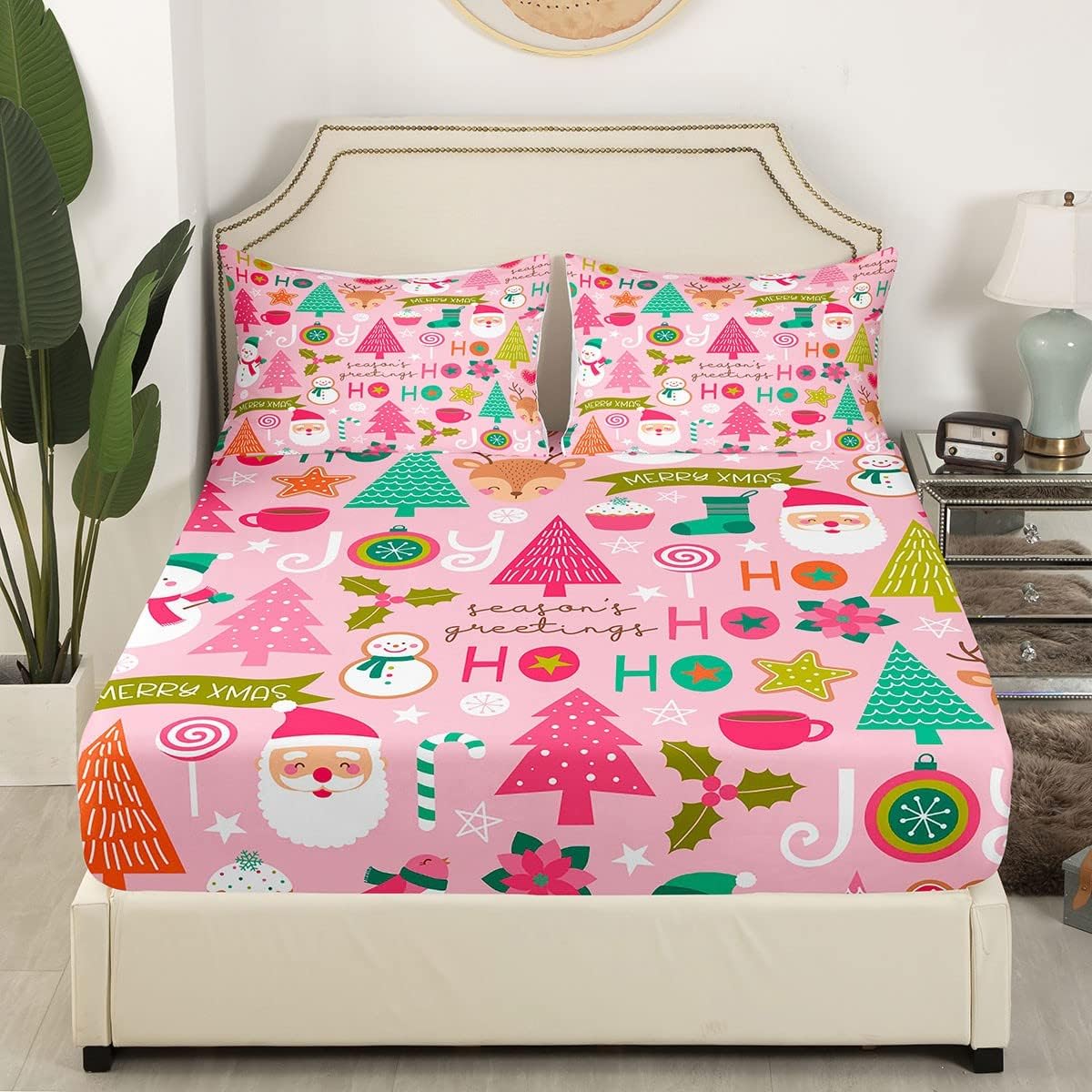 Erosebridal Pink Christmas Fitted Sheet Full, Cartoon Santa Claus Bedding Set for Kids Boys Girls Women Bedroom, Snowman Pine Bed Sheets Christmas Tree Deer Bedding Decor Set Xmas Decor,2 Pillowcases