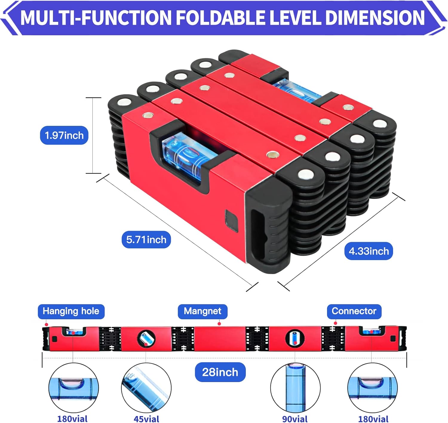 Multi-Function Foldable Level, 28 Inch Foldable Level Measuring Tool with 4 Easy-Read Level Bubbles 45°/90°/180°, Multi-Angle Measurement Woodworking Tool for Carpenters, Woodworkers, Fabricators