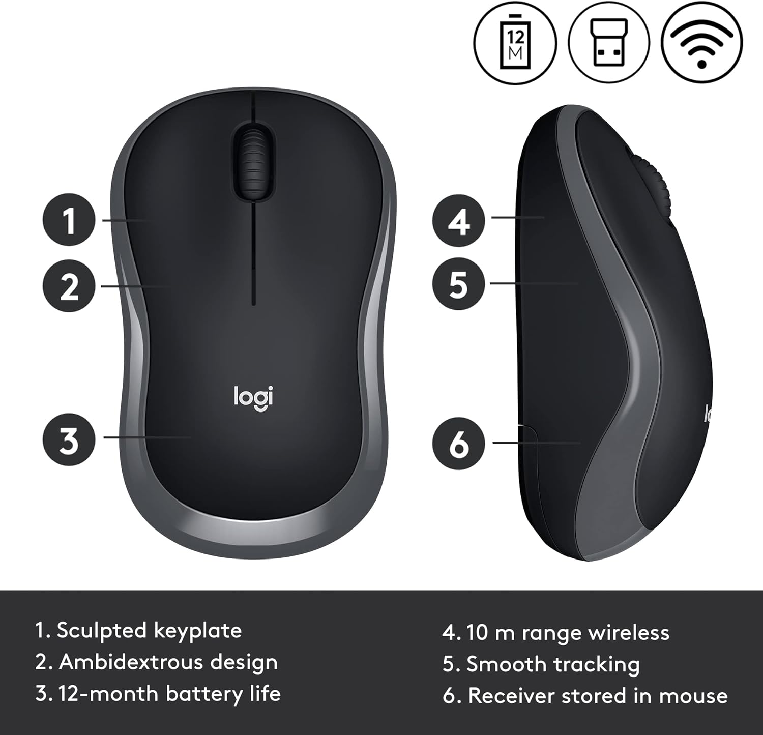 Logitech M185 Wireless Mouse, 2.4GHz with USB Mini Receiver, 12-Month Battery Life, 1000 DPI Optical Tracking, Ambidextrous, Compatible with PC, Mac, Laptop - Swift Gray