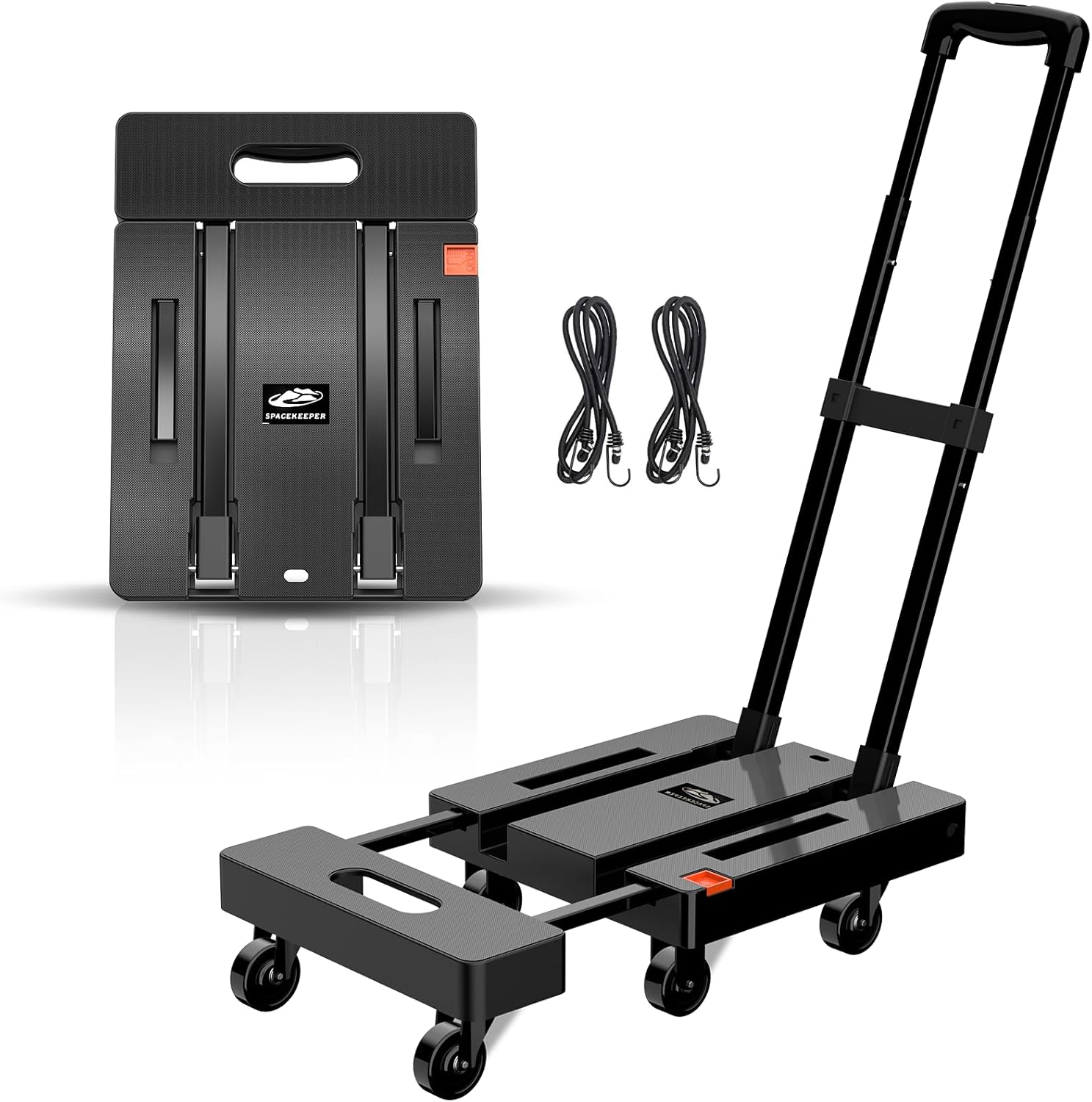 SPACEKEEPER Folding Hand Truck, 500 LB Heavy Duty Luggage Cart, Utility Dolly Platform Cart with 6 Wheels & 2 Elastic Ropes for Luggage, Travel, Moving, Shopping, Office Use, Black