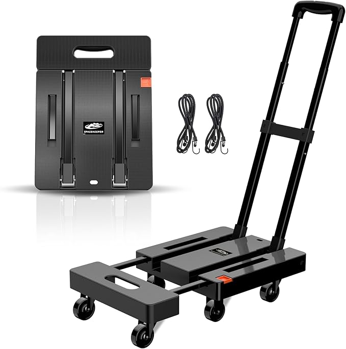 SPACEKEEPER Folding Hand Truck, 500 LB Heavy Duty Luggage Cart, Utility Dolly Platform Cart with 6 Wheels & 2 Elastic Ropes for Luggage, Travel, Moving, Shopping, Office Use, Black